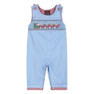 Blue Kids Overalls with Reindeer Embroidery